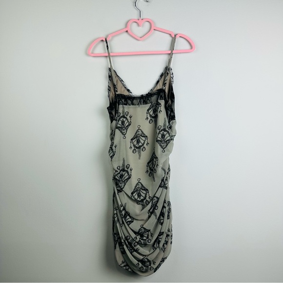 Miss Me Chandelier Print Ruched Lace Trim Slip Dress Beige Black Size Medium - Picture 7 of 12